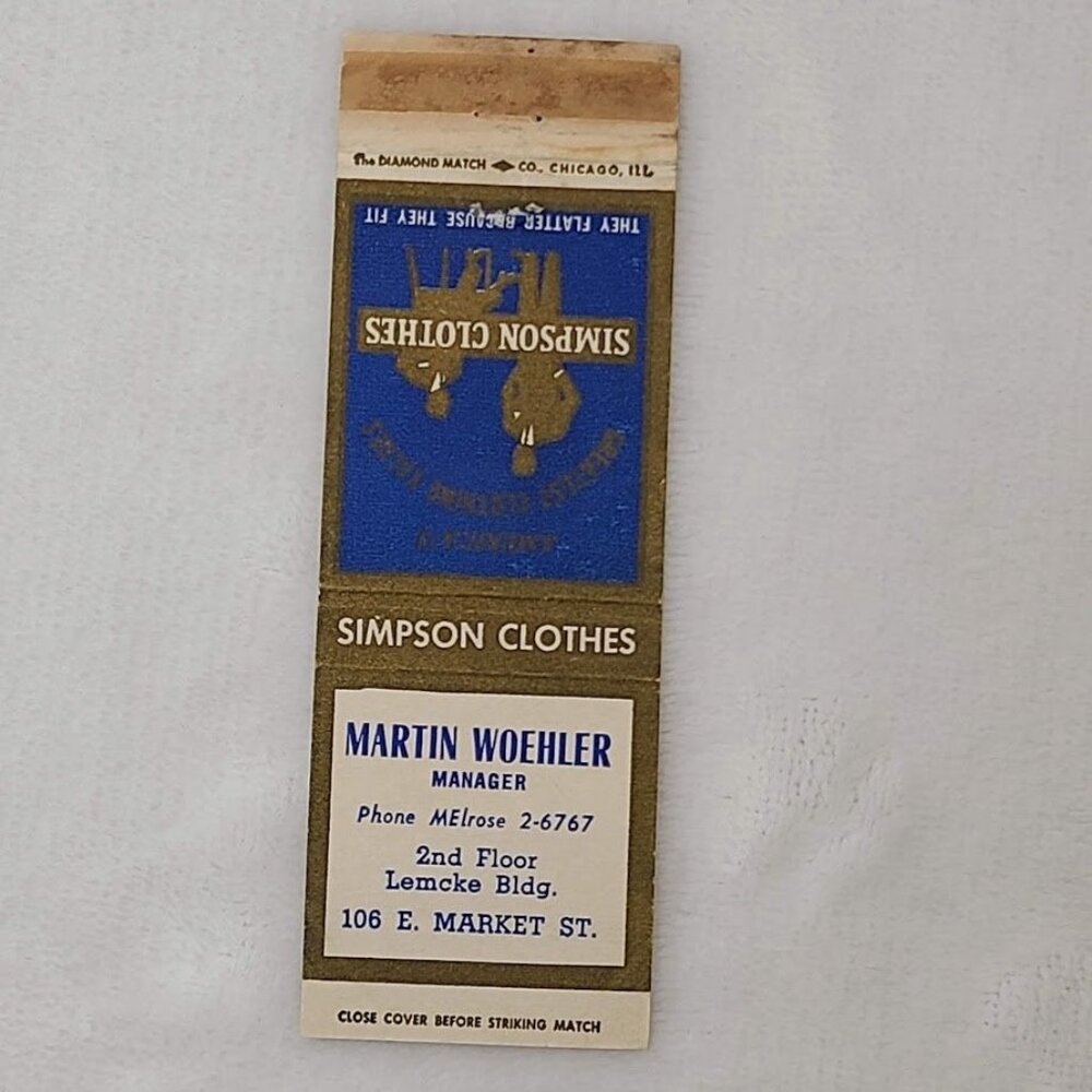 Simpson Clothes Lemcke Building Indianapolis IN Front Strike Matchbook Cover - Picture 3 of 4